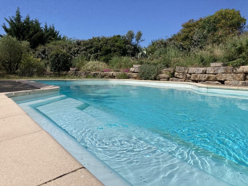 Villa avec piscine, entourée de verdure et de fleurs colorées.