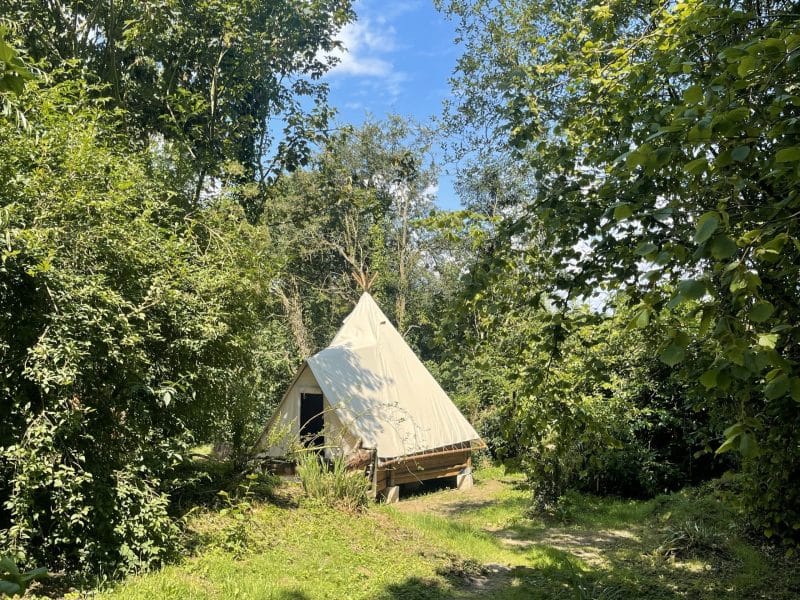 Tente tipi en pleine nature, entourée darbres verdoyants en Basse-Normandie.