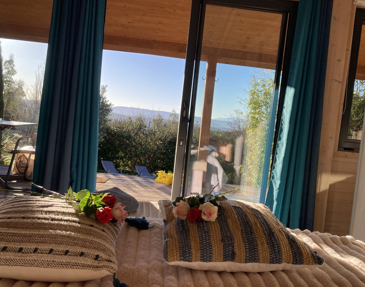 Chalet en bois avec vue sur la nature, décoré de coussins et fleurs.