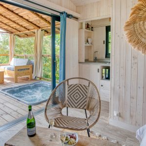 Hébergement insolite en bois avec jacuzzi, vue sur la nature à Languedoc-Roussillon.