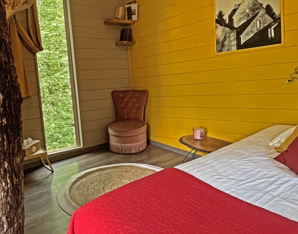 Chambre insolite en Bourgogne, murs jaunes et vue sur la nature depuis la fenêtre.