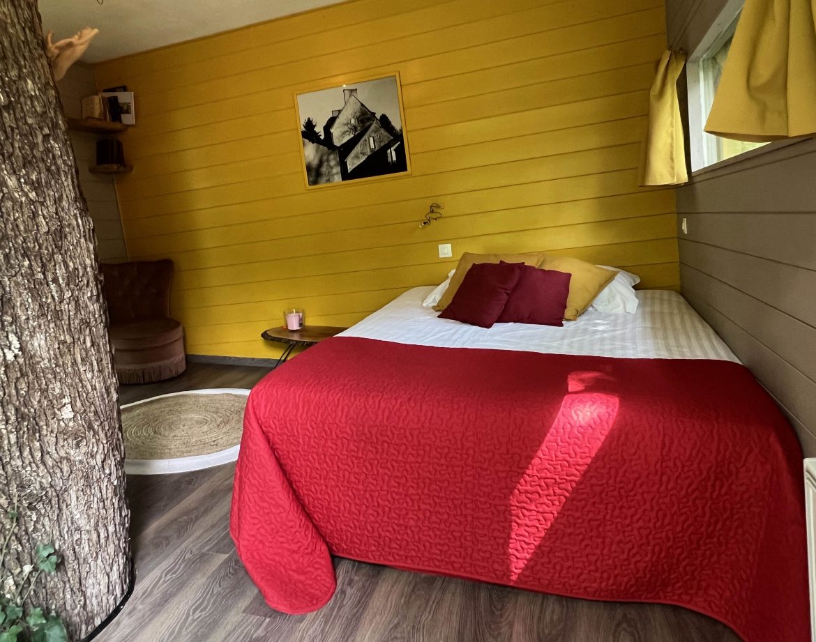 Hébergement insolite en Bourgogne : chambre cosy avec un arbre traversant et murs jaunes.