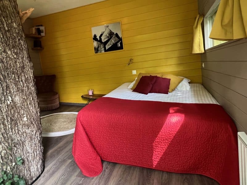 Hébergement insolite en Bourgogne : chambre cosy avec un arbre traversant et murs jaunes.