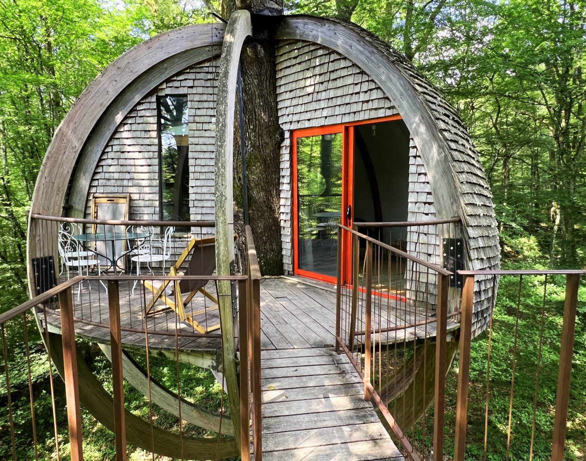 Cabane suspendue en bois, perchée dans les arbres avec vue sur la forêt verdoyante.