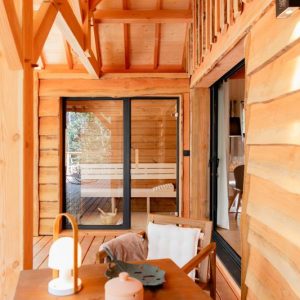 Cabane en bois à Midi-Pyrénées avec terrasse ensoleillée et mobilier chaleureux.