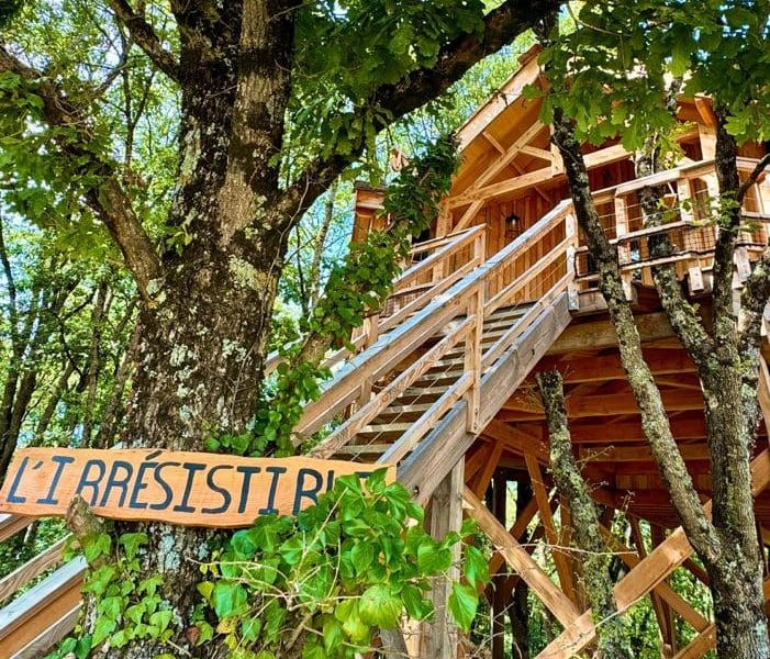 Cabane perchée dans les arbres, entourée de verdure, avec un accès en escaliers.