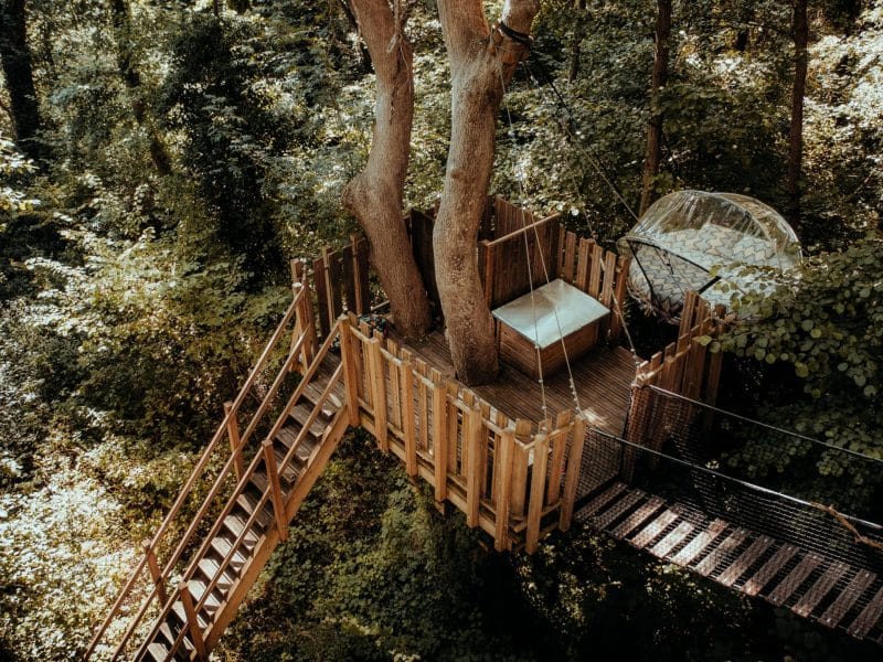 Cabane dans les arbres, perchée entre les feuillages, avec un lit et une vue imprenable.