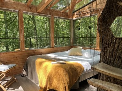 Cabane en bois avec vue sur la forêt, lit confortable et ambiance chaleureuse.