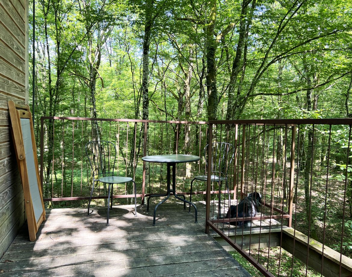 Cabane perchée en Bourgogne avec terrasse en bois entourée de verdure.