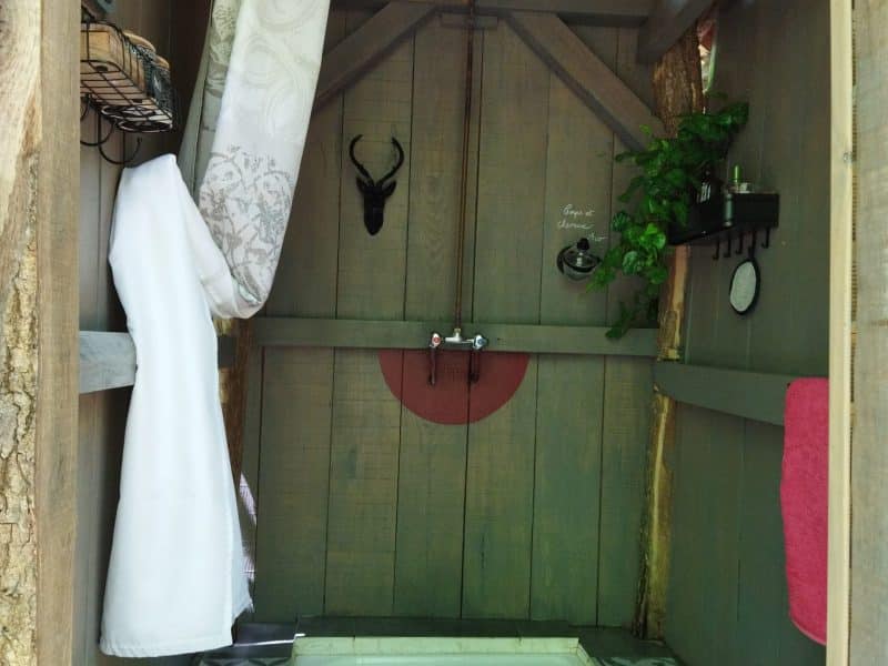 Cabane de jardin avec douche, décorée de bois et dune touche de verdure.