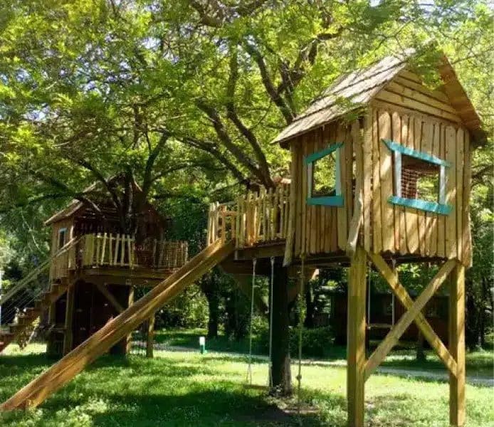 Cabane dans les arbres en bois, perchée sur pilotis, entourée de verdure luxuriante.