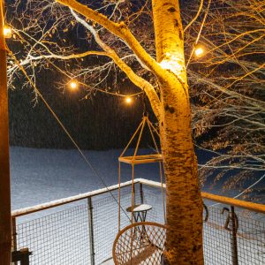 Hébergement insolite en Auvergne-Rhône-Alpes avec un hamac suspendu sous un arbre illuminé.