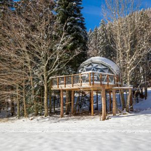 Dôme transparent sur pilotis, entouré de neige et de sapins en Auvergne-Rhône-Alpes.