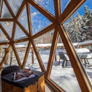 Hébergement insolite en géode, vue panoramique sur la neige et les arbres.