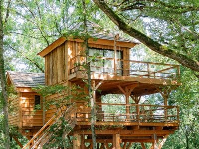 Cabane dans les arbres à Midi-Pyrénées, entourée de verdure luxuriante.