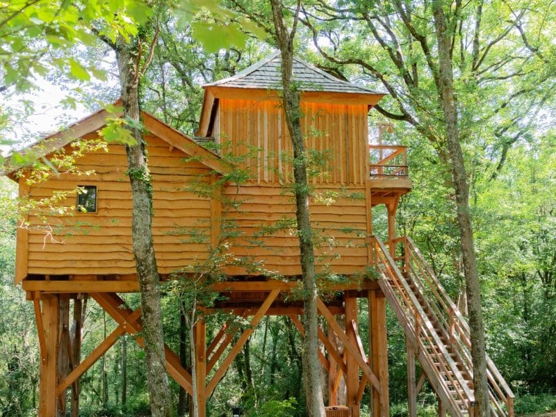 Cabane perchée en bois au cœur des arbres, offrant une vue paisible sur la nature.