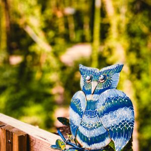 Hébergement insolite en Île-de-France, avec une décoration de hibou coloré sur la balustrade.