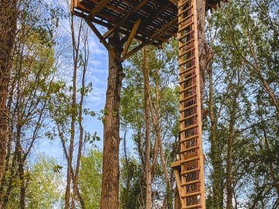 Cabane dans les arbres en Île-de-France, perchée au-dessus du sol avec une échelle en bois.