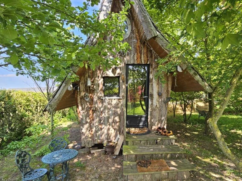 Charmante cabane en bois avec terrasse et chaises sous un arbre verdoyant.