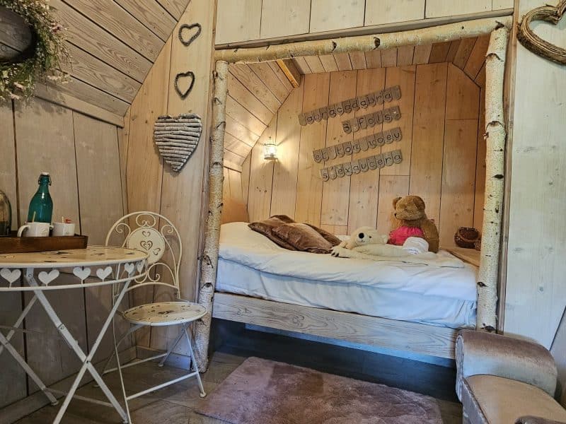 Chalet en bois chaleureux avec lit douillet et décoration rustique.