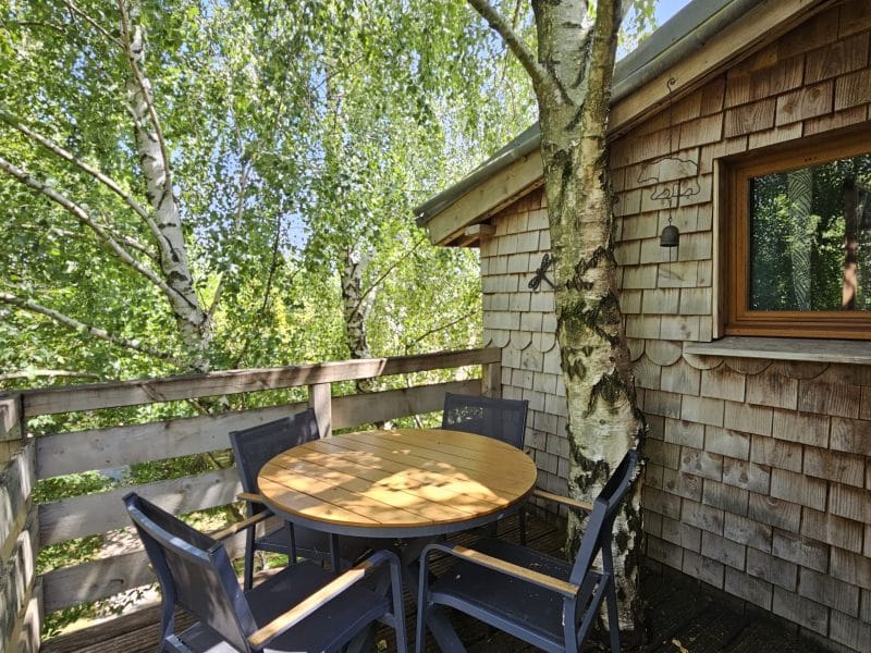 Cabane perchée avec terrasse en bois et table ronde sous un arbre.