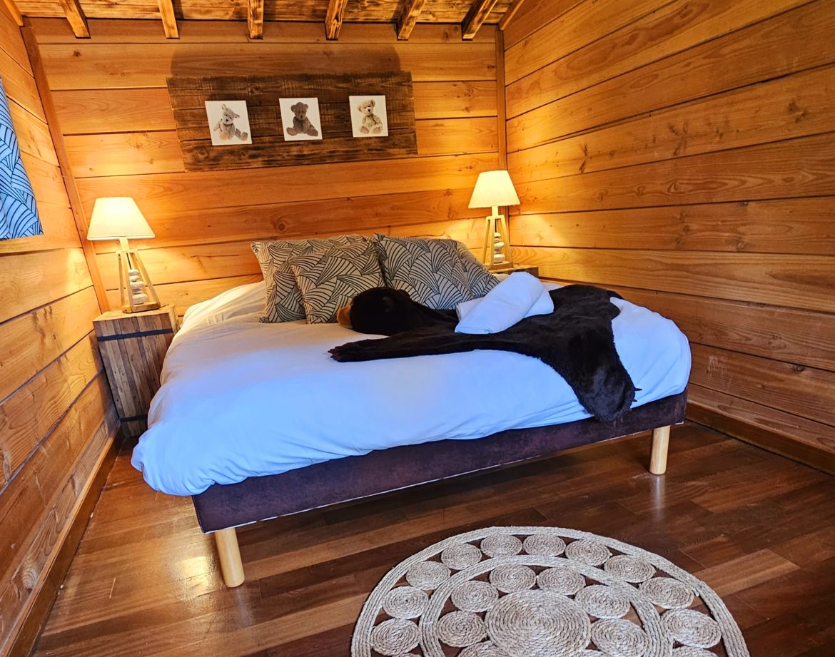Chalet en bois chaleureux avec lit douillet et éclairage tamisé.