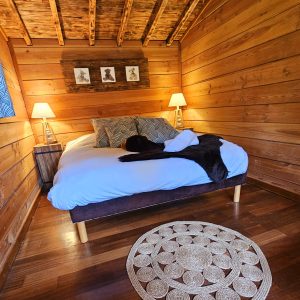 Chalet en bois chaleureux avec lit douillet et éclairage tamisé.