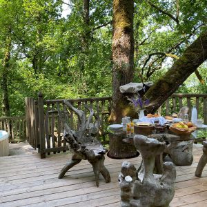 Cabane perchée en Aquitaine, avec terrasse en bois et jacuzzi au milieu des arbres.