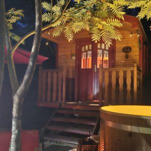 Cabane en bois charmante avec éclairage chaleureux et jacuzzi extérieur.