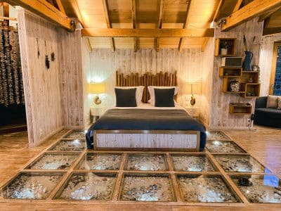 Chalet en bois avec un lit confortable et un sol en verre révélant des éléments naturels.