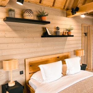 Chalet en bois chaleureux avec lit douillet et décoration végétale moderne.