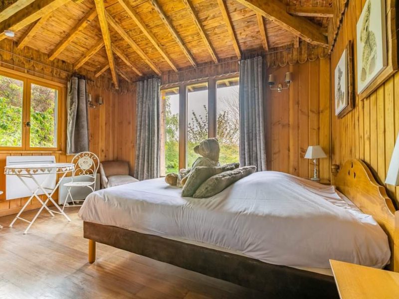 Chalet en bois chaleureux avec lit confortable et vue sur la nature.