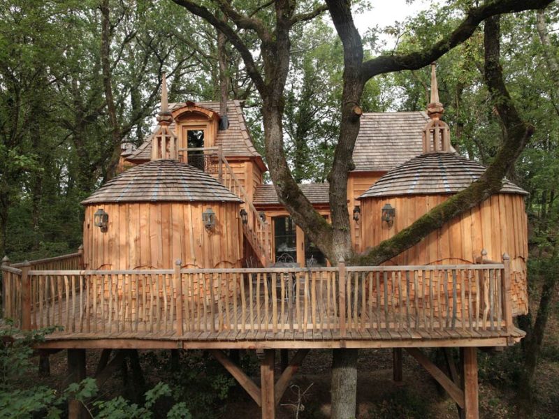 Cabane perchée en bois dans les arbres, avec balcons et toits en ardoise.