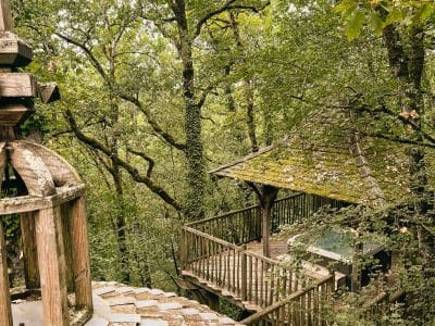 Cabane perchée en Aquitaine, entourée darbres verdoyants et dune terrasse en bois.
