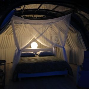Hébergement insolite en Midi-Pyrénées : bulle transparente avec lit romantique et lumière douce.