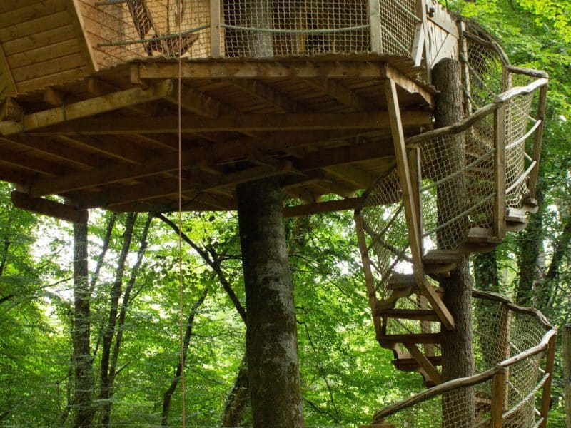 Cabane dans les arbres en Nouvelle-Aquitaine, perchée avec une vue sur la forêt verdoyante.