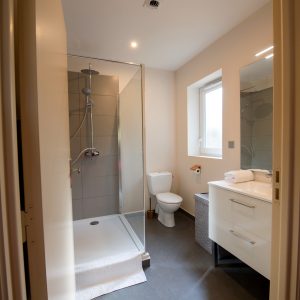 Salle de bain moderne dun hébergement insolite en Nouvelle-Aquitaine, avec douche spacieuse.