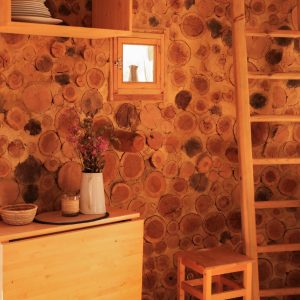 Hébergement insolite en Aquitaine, intérieur en bois avec mur en rondins et échelle en bois.