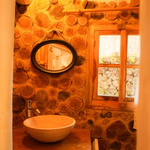 Hébergement insolite en Aquitaine : salle de bain avec murs en rondins de bois.