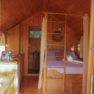 Cabane en bois cosy en Aquitaine, avec lit douillet et cuisine intégrée.
