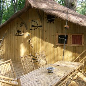 Cabane dans les arbres en Nouvelle-Aquitaine, avec terrasse en bois et décorations naturelles.