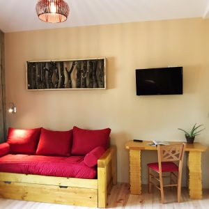 Hébergement insolite en Nouvelle-Aquitaine : salon cosy avec canapé rouge et table en bois.