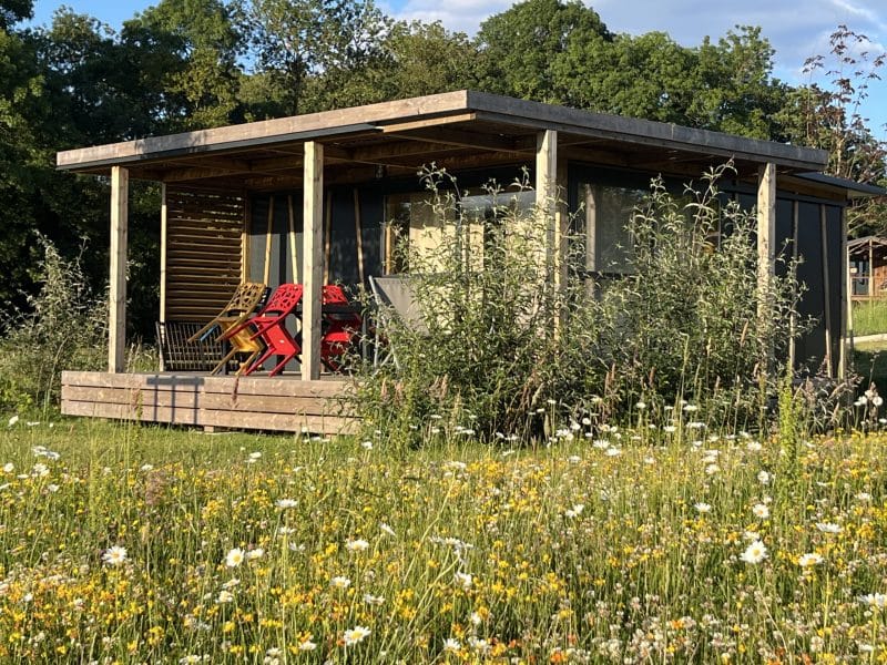 Cabane moderne en bois avec terrasse et chaises colorées, entourée de fleurs sauvages.