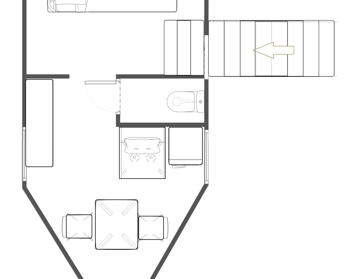 Hébergement insolite en Auvergne : cabane moderne avec terrasse et coin salon.