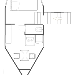 Hébergement insolite en Auvergne : cabane moderne avec terrasse et coin salon.