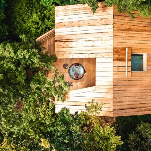 Cabane en bois perchée dans les arbres, entourée de verdure luxuriante.