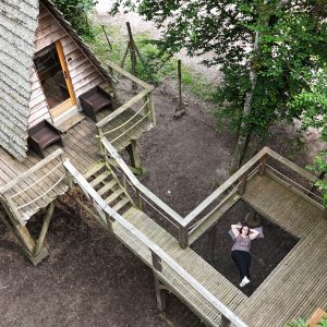 Cabane perchée en bois, entourée darbres, avec une terrasse en bois.