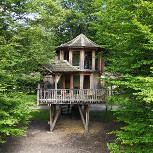 Cabane perchée en bois, entourée darbres verdoyants en Auvergne-Rhône-Alpes.