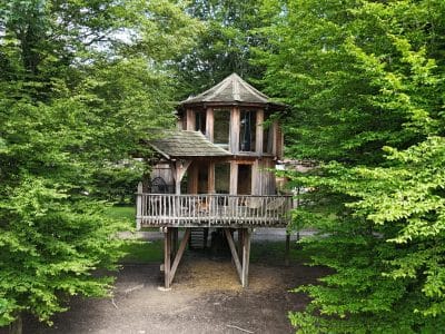 Cabane perchée en bois, entourée darbres verdoyants en Auvergne-Rhône-Alpes.