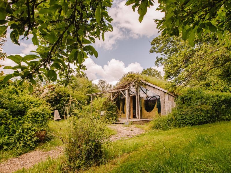 Hébergement insolite en Bretagne : cabane écologique avec toit végétal, entourée de verdure.